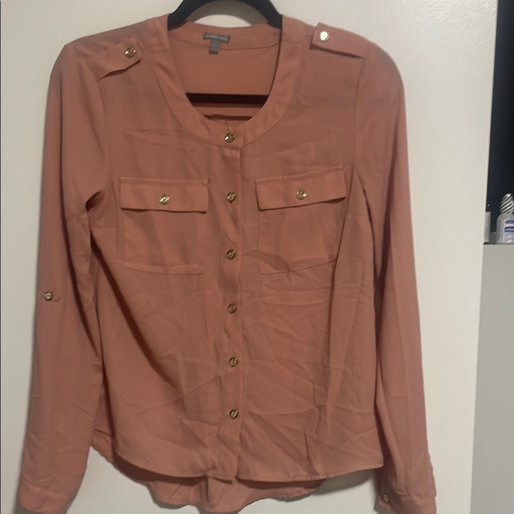 Pink Long Sleeve Buttoned Mandarin Collar Blouse